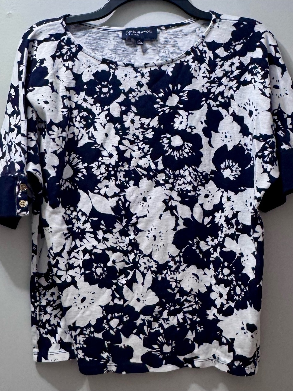 Jones New York Signature Navy and White Floral Short Sleeve Top, Size XL